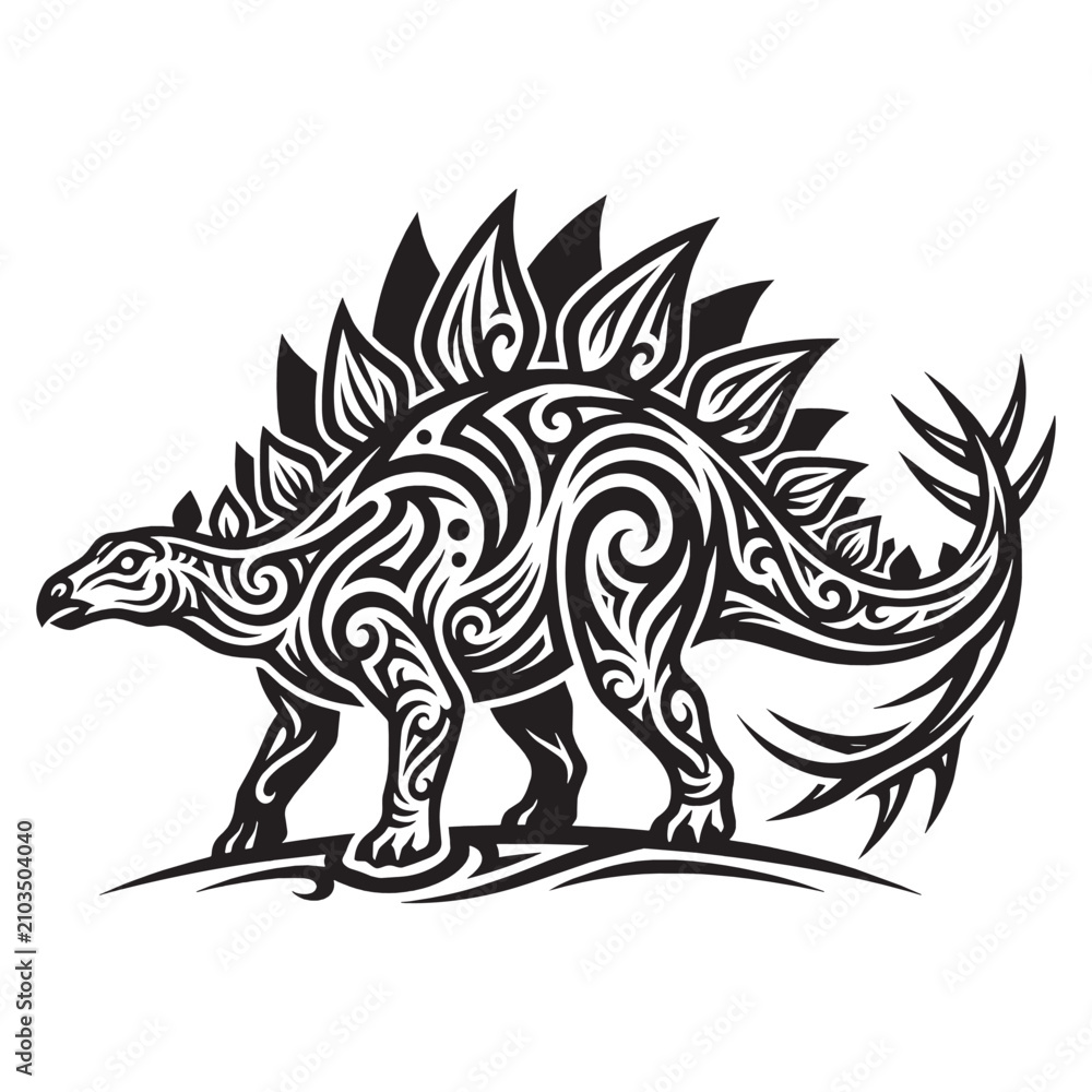 Fototapeta premium Stegosaurus Dinosaur Tribal Tattoo Design, Blackwork Ink Illustration with Ornamental Patterns, Isolated on White Background