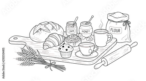 Cuadro en lienzo Hand drawn bakery illustration with fresh bread, pastries and coffee