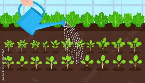 Illustration of watering can nurturing garden seedlings.