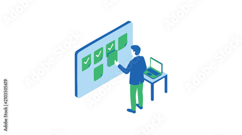 Task Management Person Checking Off Tasks on a Large Interactive Board with a Laptop Nearby Depicting Project Planning and Workflow Optimization