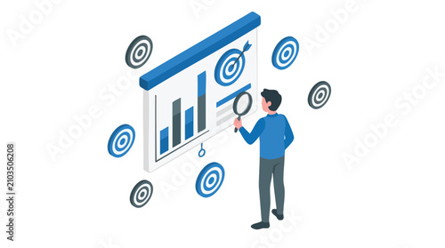 Man Analyzing Business Data on Screen with Magnifying Glass