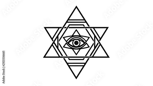 Quadro su tela A stylized black and white geometric symbol featuring a six-pointed star with an eye in the center