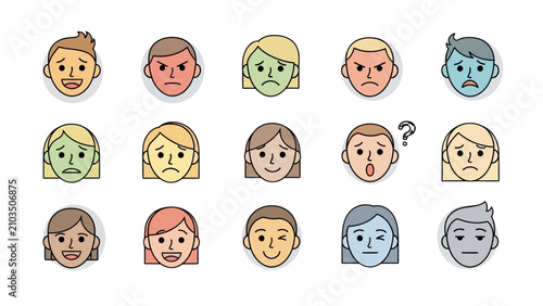 Obraz na płótnie A collection of diverse cartoon faces expressing a wide range of emotions and moods, presented in a grid format