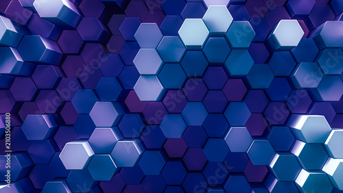 3d rendered background of patterned hexagons in vivid saturated blue and purple colors. Three dimensional hex shapes in geometrical patterns for vibrant colorful scientific or technical 3d backgrounds