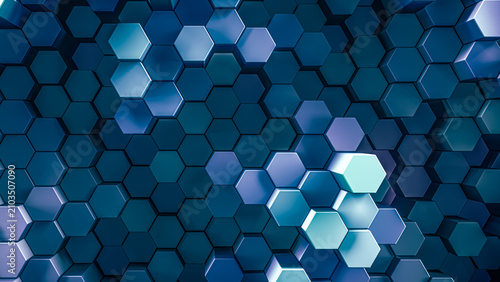 3d rendered background of patterned hexagons in vivid saturated blue colors. Three dimensional hex shapes in geometrical patterns for vibrant colorful scientific or technical 3d backgrounds