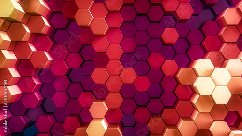 3d rendered background of patterned hexagons in vivid saturated pink and red colors. Three dimensional hex shapes in geometrical patterns for vibrant colorful scientific or technical 3d backgrounds.