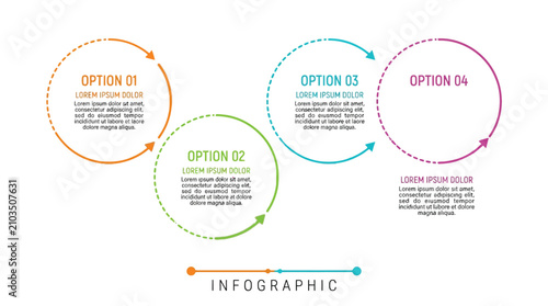 Four circular steps infographic design template featuring colorful arrows with text placeholders and clean modern layout for professional business presentation concepts displayed on white background