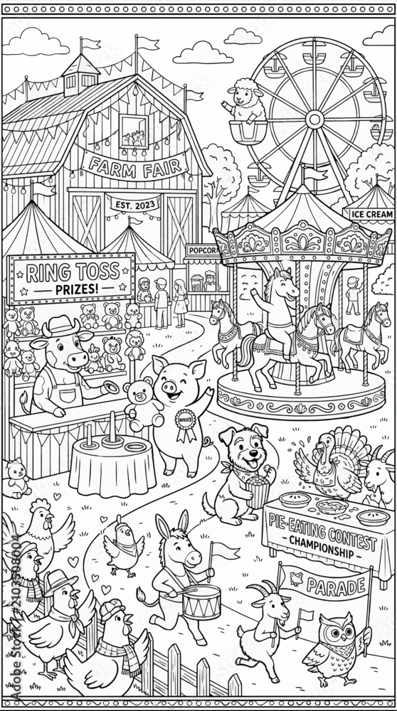 Fototapeta premium Farm Animals Enjoying Festive Fair Activities, Including Ring Toss, Carousel, Pie Eating Contest, and Parade, Black and White Vector Illustration