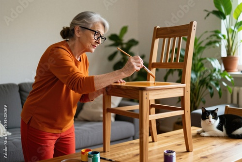 Elderly woman with glasses paints wooden chair orange color indoors. Mature lady with brush in hand has hobby. Cat watches furniture restoration in living room.