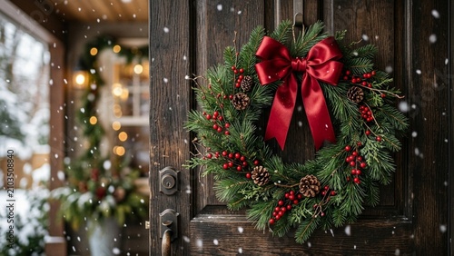 Traditional Christmas Wreath with Red Ribbon and Pine Cones Hanging on Wooden Front Door in Snowing Day