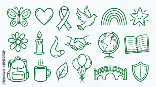 Collection of hand-drawn icons representing concepts of peace, hope, love, and community.