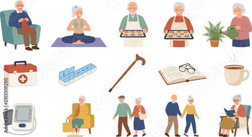 Set of senior citizens lifestyle and healthcare icons featuring elderly characters knitting meditating baking gardening walking and medical equipment