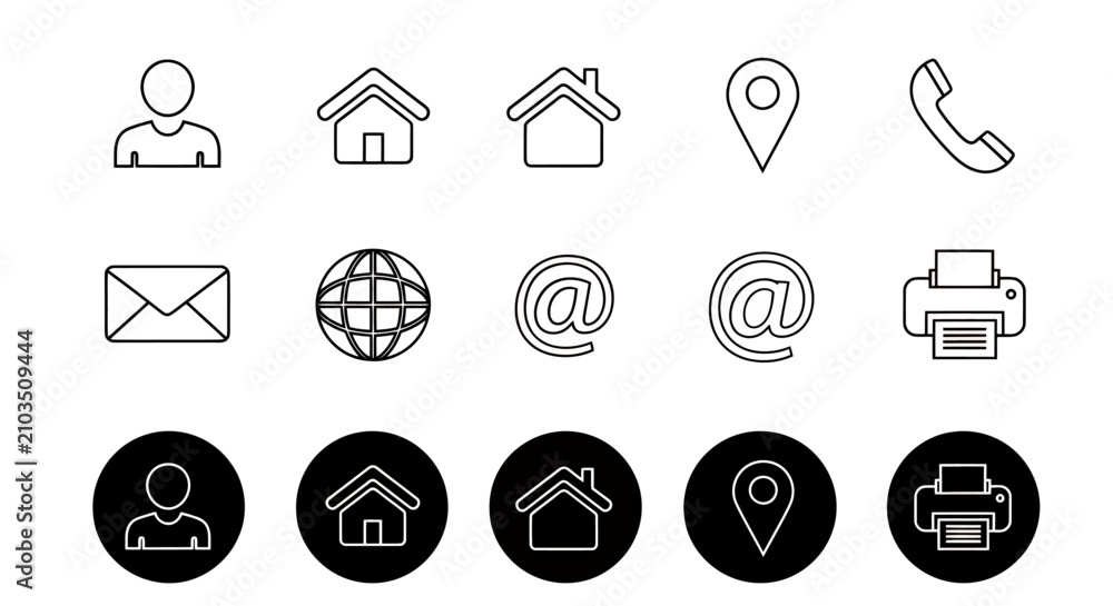 Fototapeta premium Set of monochrome outline icons for contact and home navigation.