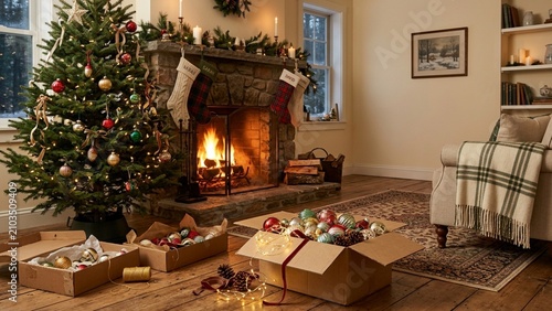 ​Cozy Christmas Living Room with Decorated Tree Fireplace and Ornaments in Boxes