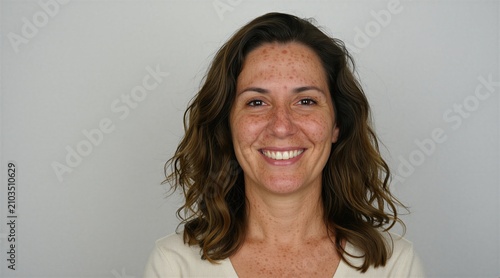 Woman with melasma, uneven skin tone smiling at camera against neutral grey background. Portrait shows facial hyperpigmentation spots. Mature female with sun damage, freckles, blemish, dark patches,
