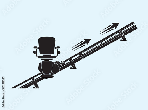 Black silhouette of a motorized stair chair lift with directional arrows on a diagonal path on white