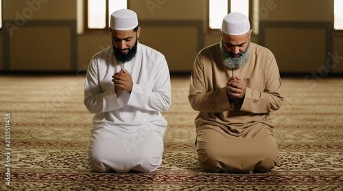 Two men pray together on knees inside mosque. Muslim males wear traditional white, beige thobe clothes with kufi caps. Hold hands in supplication pose during religious ritual. Devout people observe