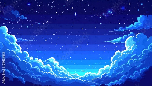 Atmospheric pixel art night sky with bright clouds.