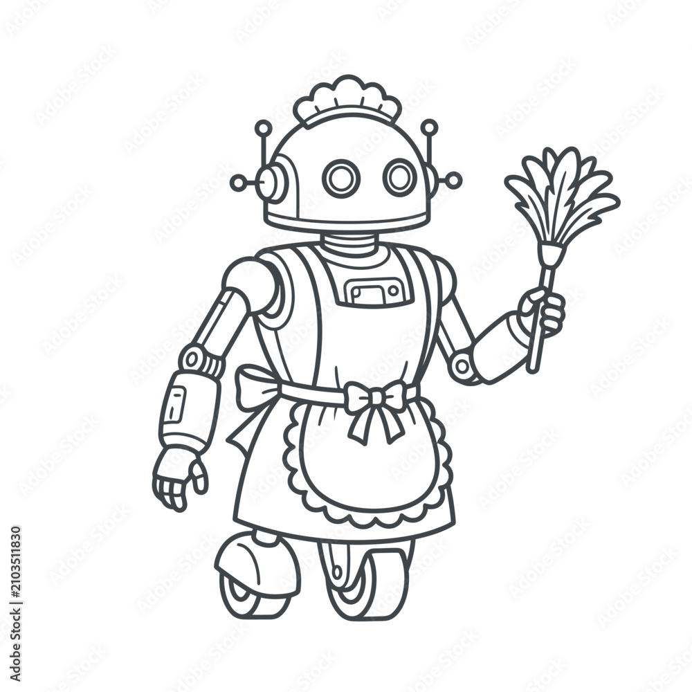 Fototapeta premium Cute robot in apron holding brush.