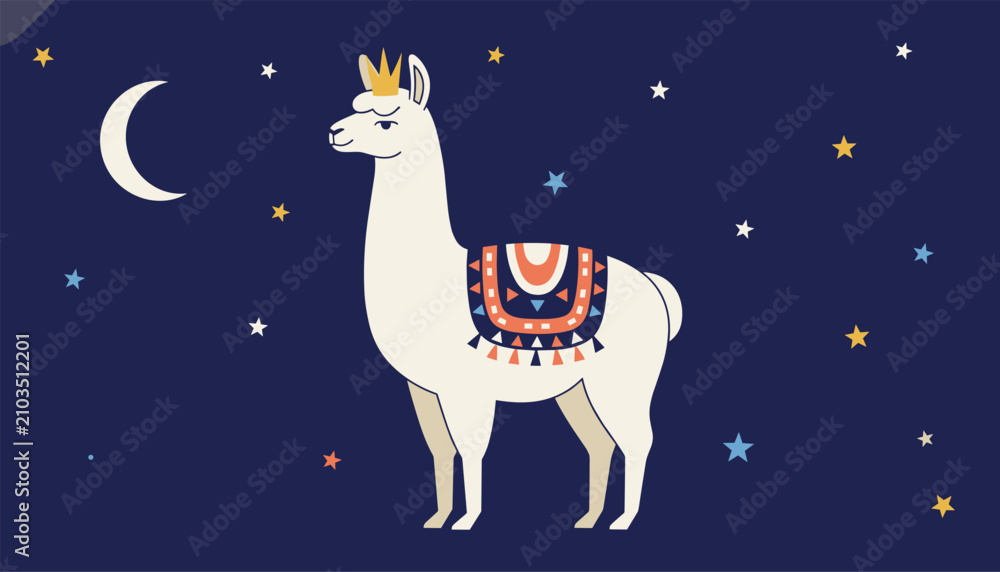 Fototapeta premium Cute white llama with a gold crown and saddle blanket looking at the crescent moon in a starry night sky.