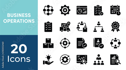 Business operations icons visualize organizational management, corporate workflow, logistics, hierarchy, and data analytics tools used for professional development and strategic company planning.