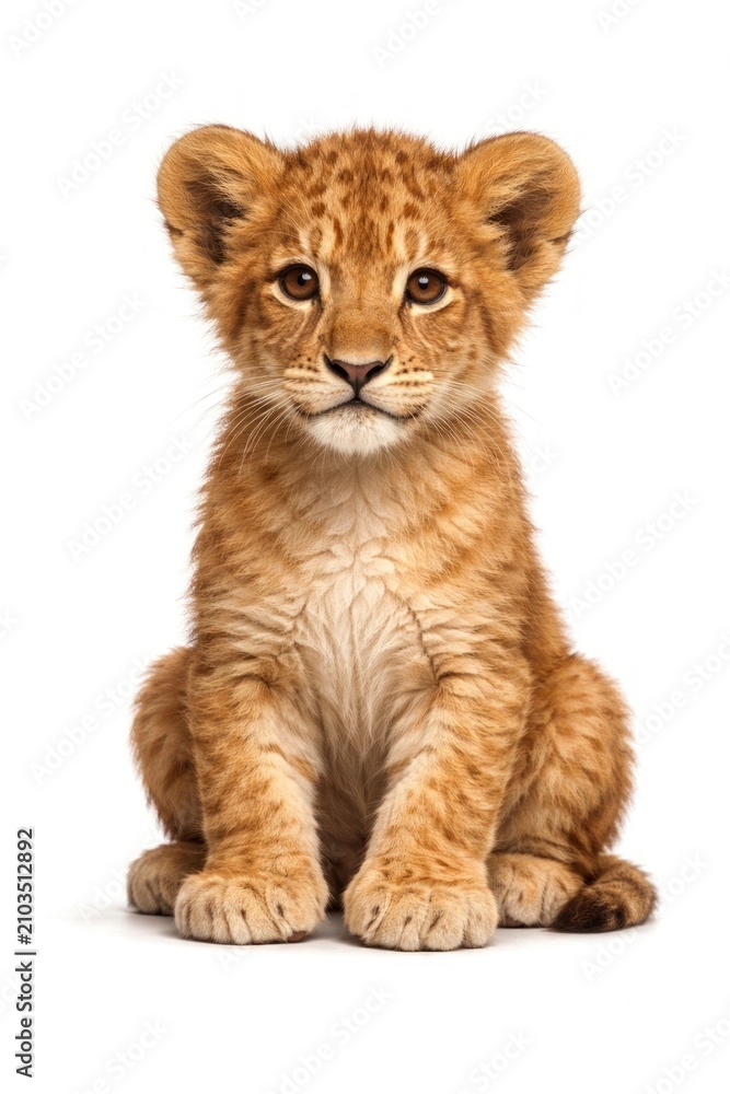Obraz premium Adorable lion cub sitting against a white background, looking curious.