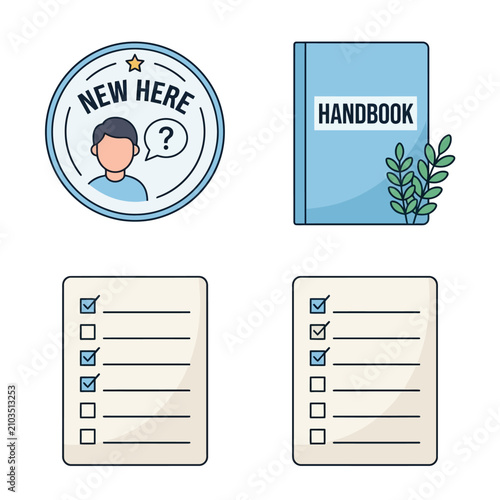 New employee reading company handbook with checklist