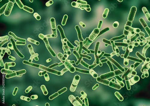 High detail Agrobacterium tumefaciens bacteria suspended in a microscopic environment. Scientific background for biotechnology, microbiology, plant pathology, genetic engineering, agriculture.