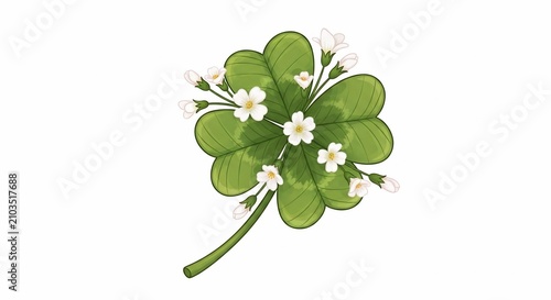 Lucky Four-Leaf Clover with Delicate White Blossoms - Vibrant Green Botanical Art