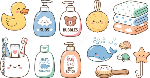 Obraz na płótnie Kawaii baby bath time sticker set featuring cute cartoon shampoo towels and rubb