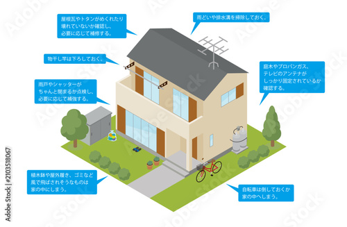 台風対策のための一戸建て住宅のアイソメイラスト_文字あり