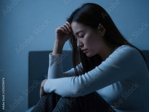 Sad young woman sitting alone in bedroom at night feeling depressed and lonely