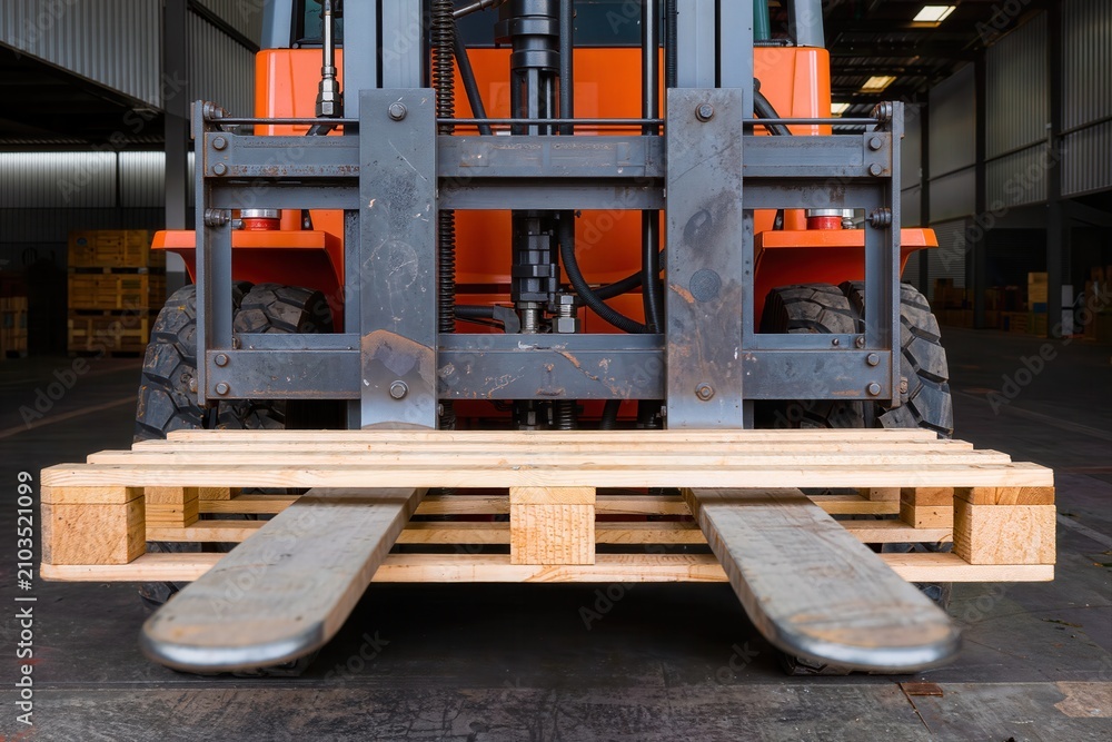 Fototapeta premium A close-up shot of an industrial forklift machine parked inside a warehouse with a wooden pallet.