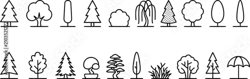 Collection of simple line art trees and plants isolated on a white background for graphic design