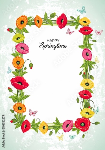 Vibrant Poppy & Butterfly Springtime Greeting Card: A Hand-Drawn Whimsy of Red, Yellow, and Pink Blooms.