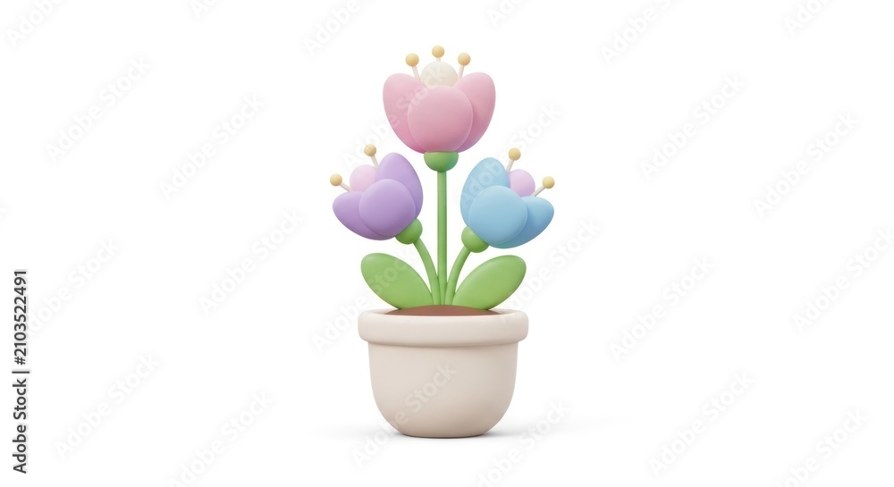Obraz premium Three colorful stylized flowers in a decorative pot on a white background