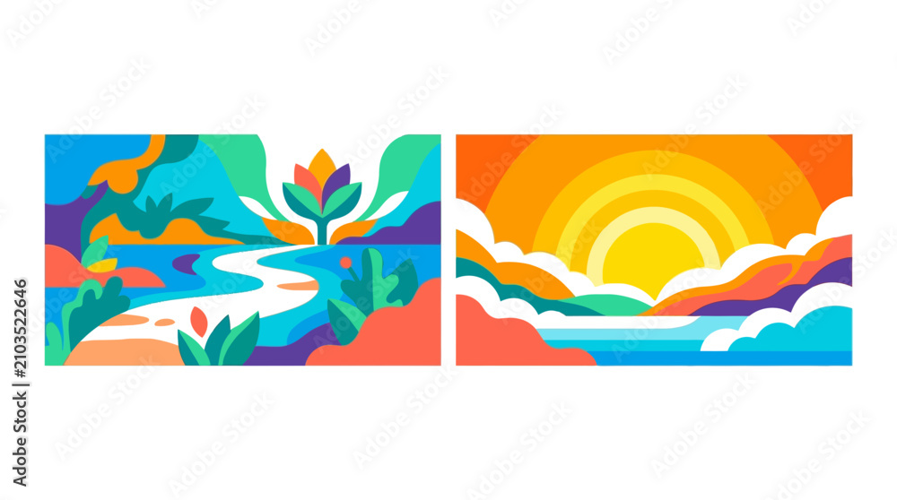 Obraz premium Colorful Abstract Flat Vector Landscape Illustration with Sun and Nature