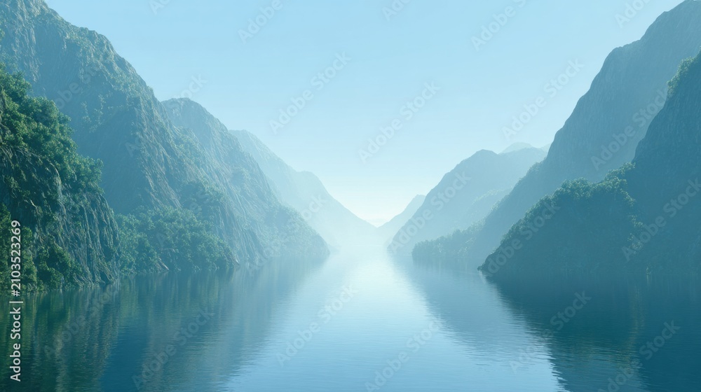 Obraz premium Serene Mountain Landscape with Calm Water and Misty Hills in a Tranquil Setting Reflecting Soft Light Under Clear Blue Sky