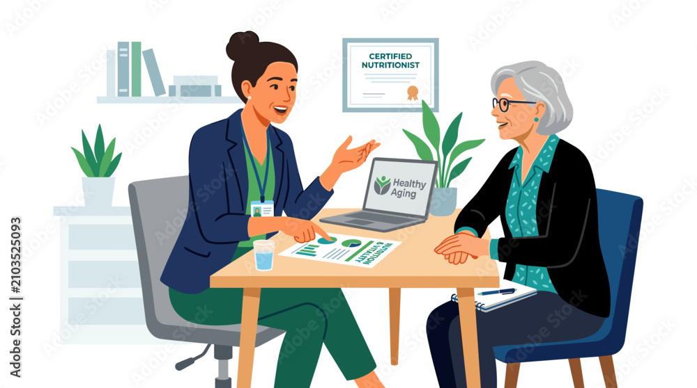Fototapeta premium Nutritionist consulting senior woman about healthy aging plan