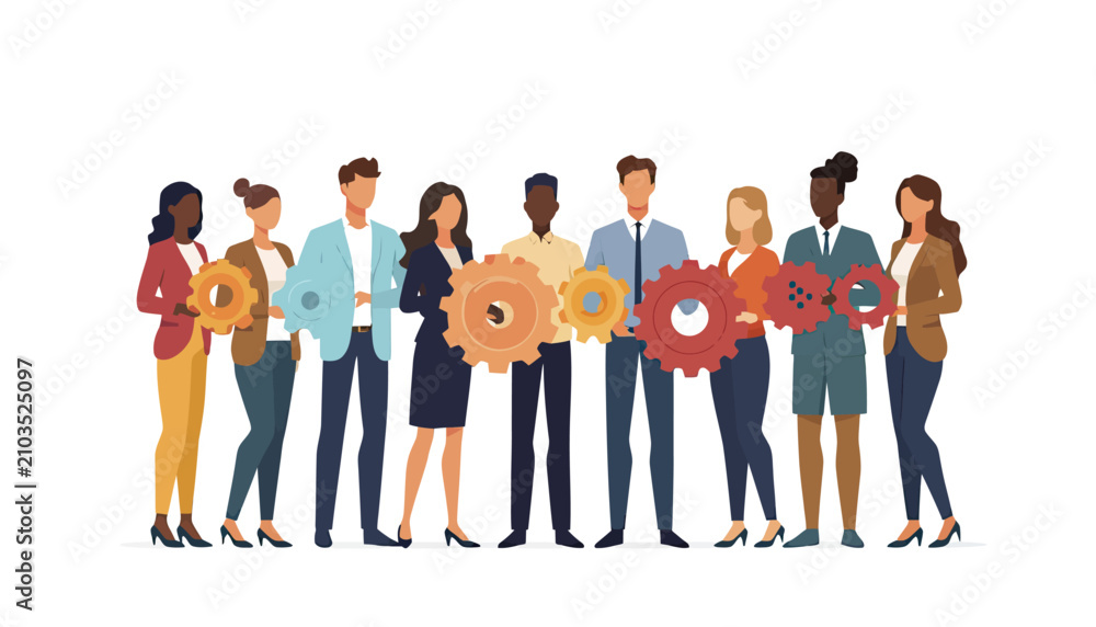 Obraz premium Diverse professional team holding gear wheels for business cooperation