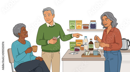 Senior adults discussing healthy superfoods and herbal tea in kitchen