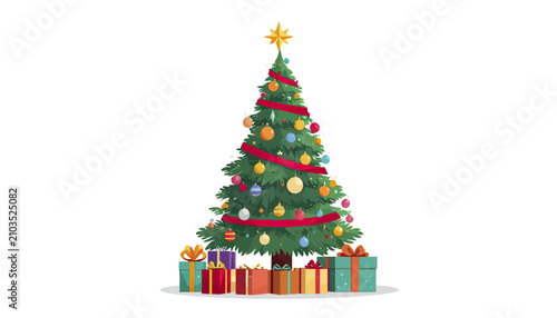 Decorated Christmas tree with colorful gift boxes isolated on white background