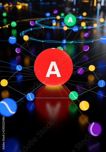 Vibrant Network of Connections: Red 'A' at Center, Glowing Spheres, Deep Depth, Digital Art