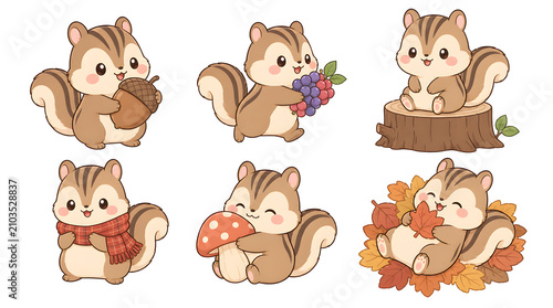 Cute Squirrels in Autumn Collection: A delightful set of six illustrations featuring adorable cartoon squirrels engaging in various autumn activities, holding acorns, berries, sitting on a tree stump.