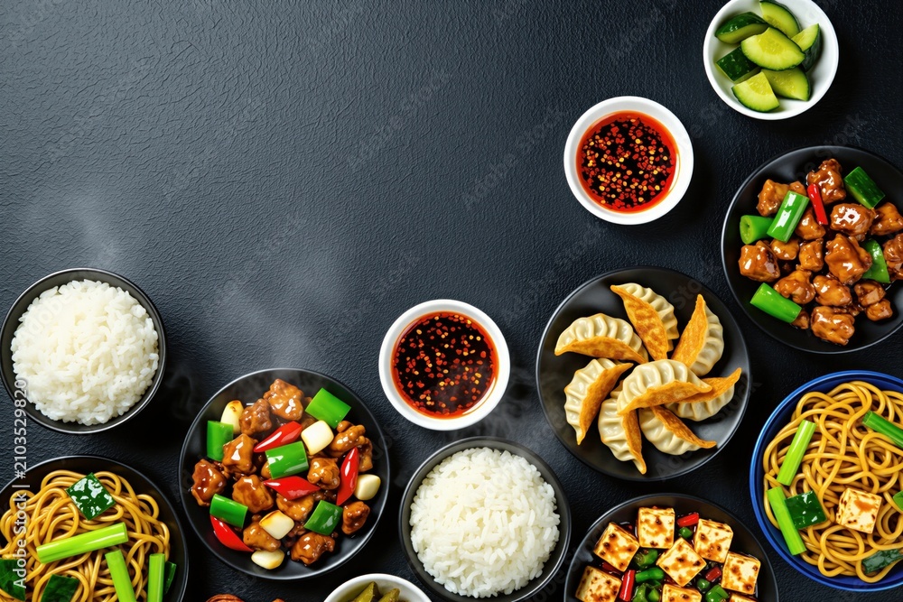 Obraz premium Top view of traditional chinese food on dark background. Assorted dishes include steamed rice noodles dumplings tofu, stir fry meat with vegetables. Bowls with soy sauce, spicy chili oil accompany
