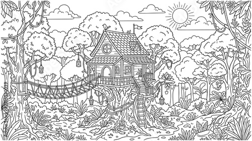 Treehouse with rope bridge in lush green forest summer landscape scenery.