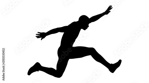 Silhouette of male athlete jumping mid-air on white background
