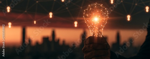 Hand businessman holding light bulb with mesh light line.future technology,Alternative energy,idea,saving electricity innovation and inspiration concepts.