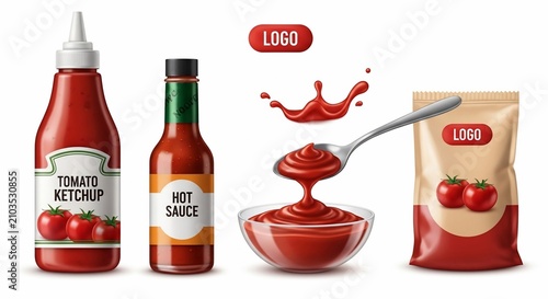 Vibrant 3D render: Glossy ketchup bottles & rich sauce splash, studio lighting highlights textures.