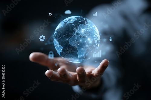 Businessman presenting futuristic business world metaverse graphic. In the form of innovation in digital business processing technology, innovation of the 21st century